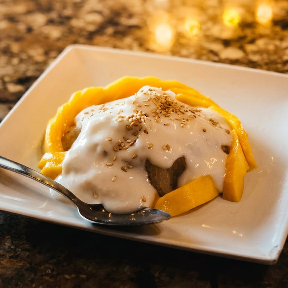 Mango sticky rice dessert with coconut milk and sesame seeds on a white plate with a spoon.