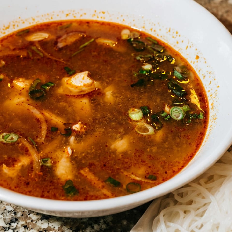 Spicy red soup with chicken, onions, and green herbs, served with a side of rice noodles.