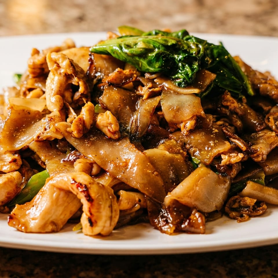A close-up of Pad See Ew with wide noodles, chicken, and green vegetables on a white plate.