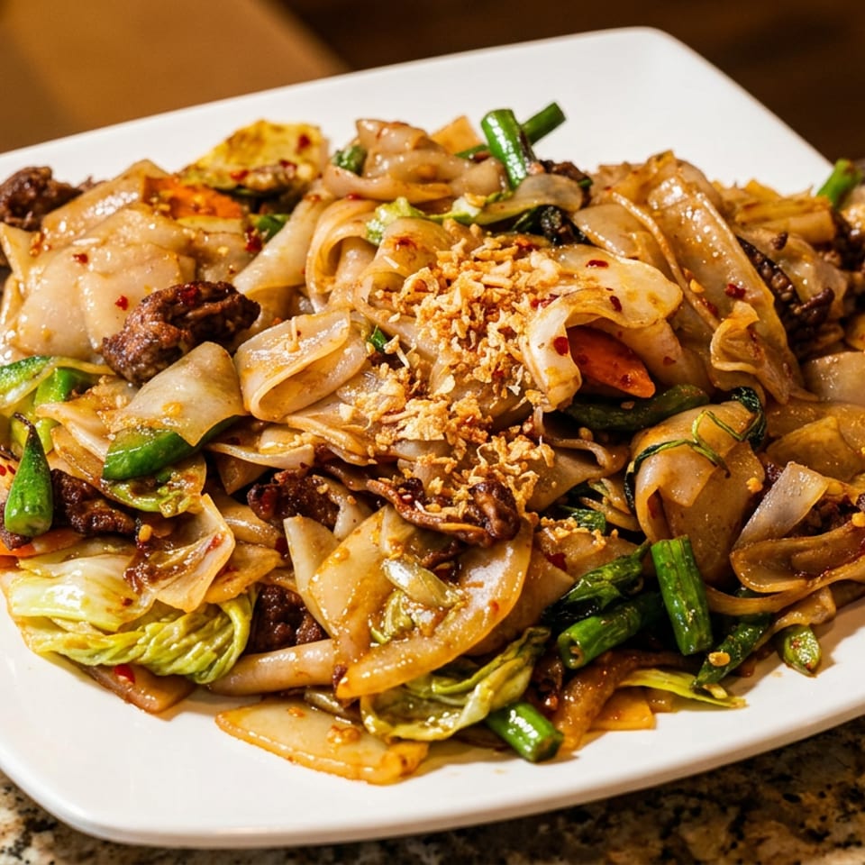 A close-up of a plate of Pad See Ew with wide noodles, beef, and green vegetables.
