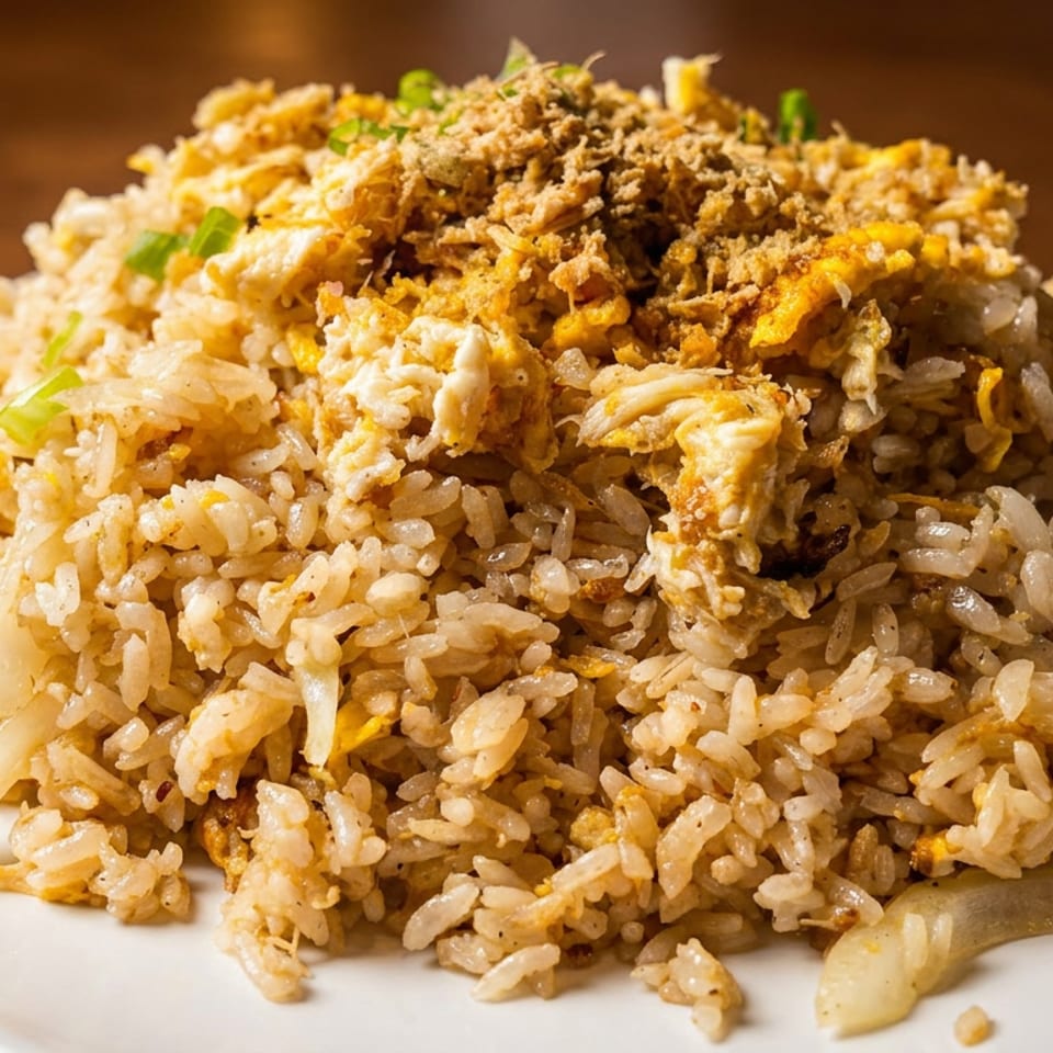A large serving of fried rice with egg, green onions, and crispy toppings on a white plate.